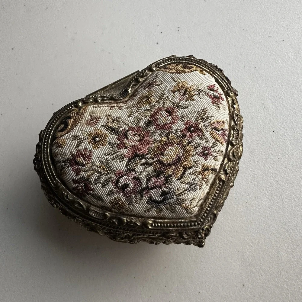 Vintage Metal Gold Heart Shaped Jewelry Trinket Box Embroidered Granny Cottage